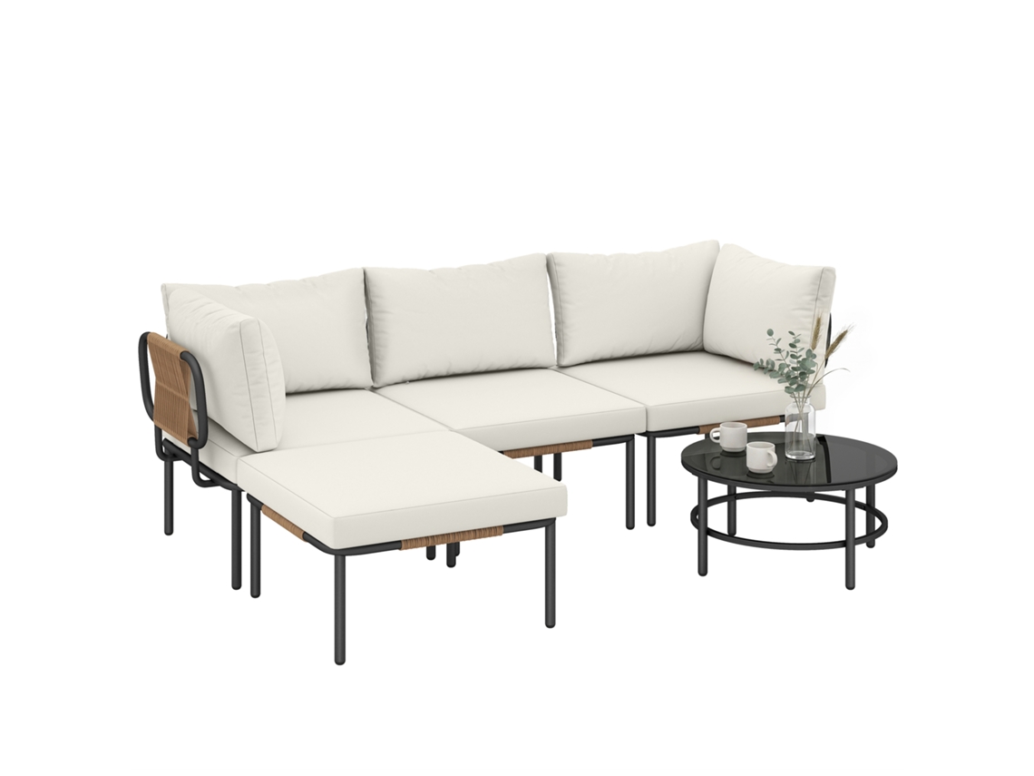 Conjunto de 5 peças de mobiliário modular em Rattan com almofadas, cor Cáqui ZENCORE SERVICES