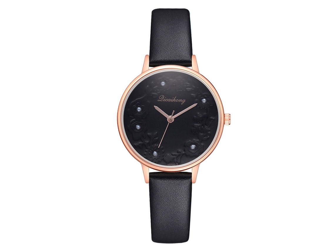 Relógio Feminino de Pulseira de Couro Pu com Padrão Floral e Movimento de Quartzo Preto