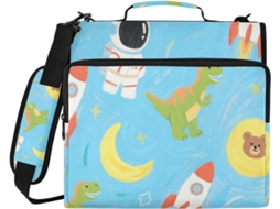 Carteira macia de 3,8 cm com estampa de astronauta e dinossauro azul, zíper triplo com alça ajustável em altura e ombro.