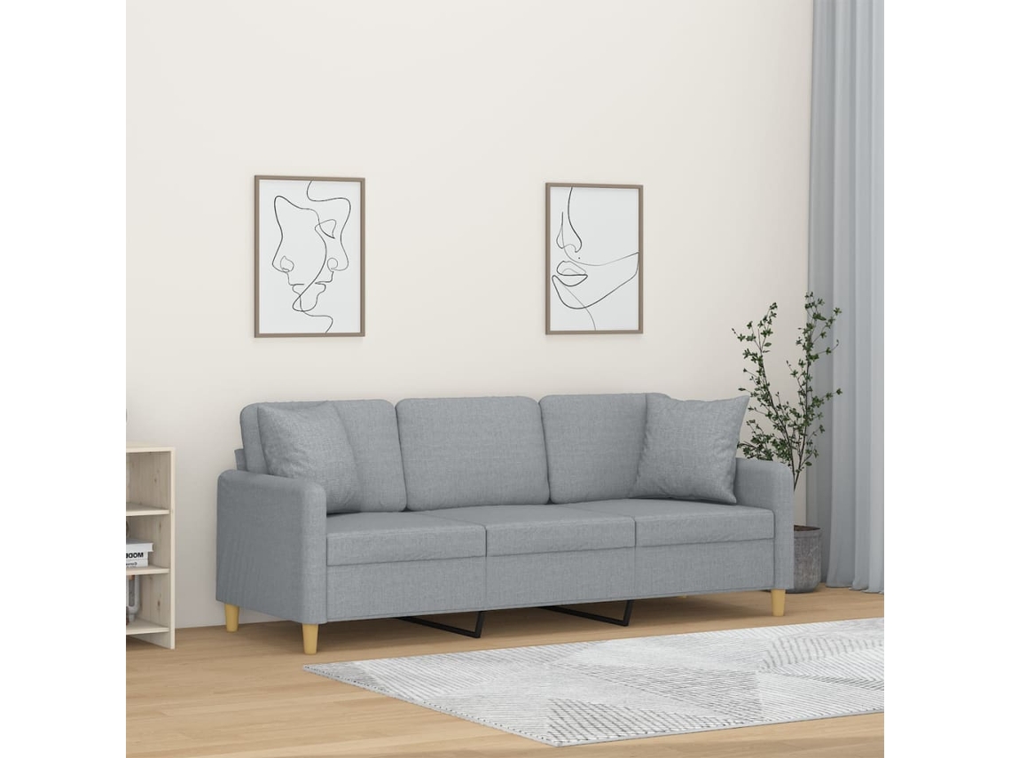 Vidaxl Sofá 3 Lugares + Almofadas Decorativas 180cm Tecido Cinza-claro