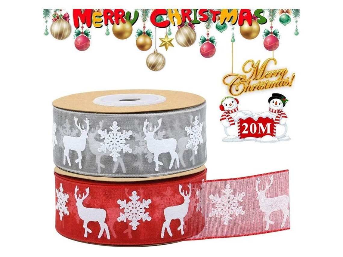 Fita Organza De Natal, 2 Rolos Com Elmo E Floco De Neve, 20m/22 Jardas, Vermelha E Cinza, Decorativa Para Presentes
