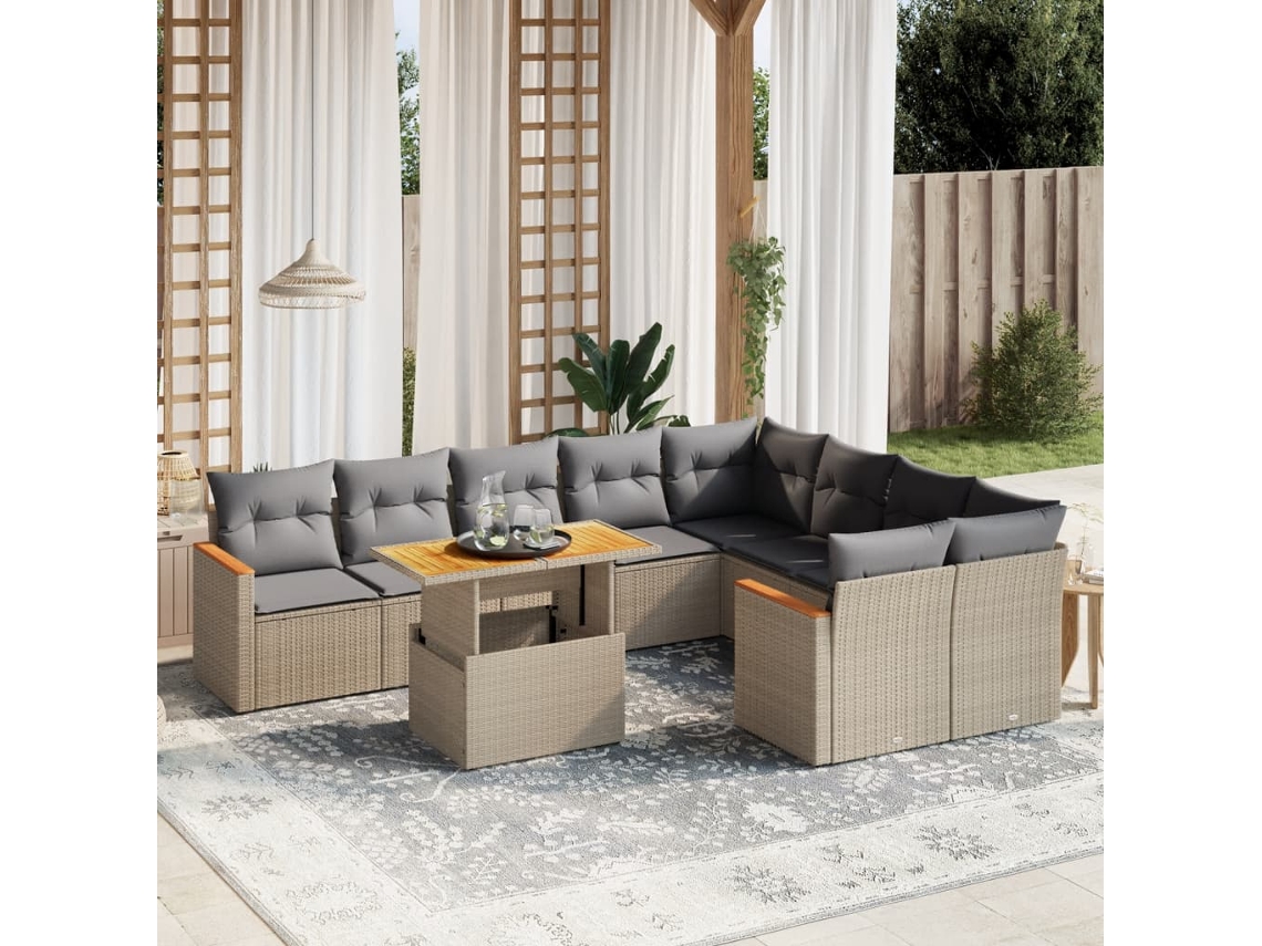 Vidaxl 10 Pcs Conjunto De Sofás P/ Jardim Com Almofadões Vime Pe Bege