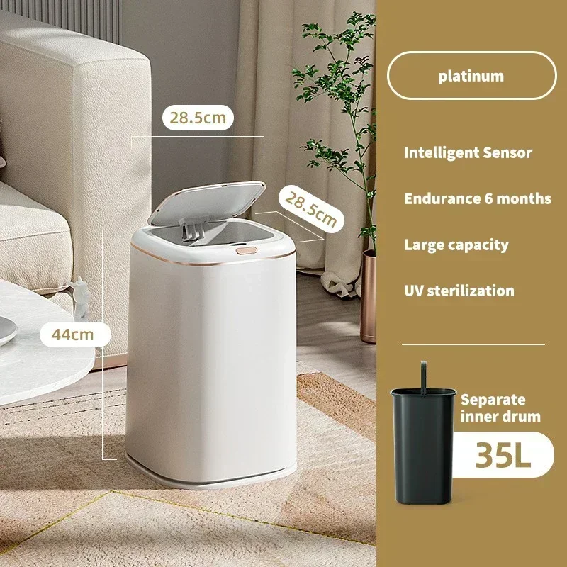 Lixeira De Cozinha Inteligente (35l Branca) Com Sensor, À Prova D'água, Adequada Para Banheiro E Sala De Estar, Com Tampa.