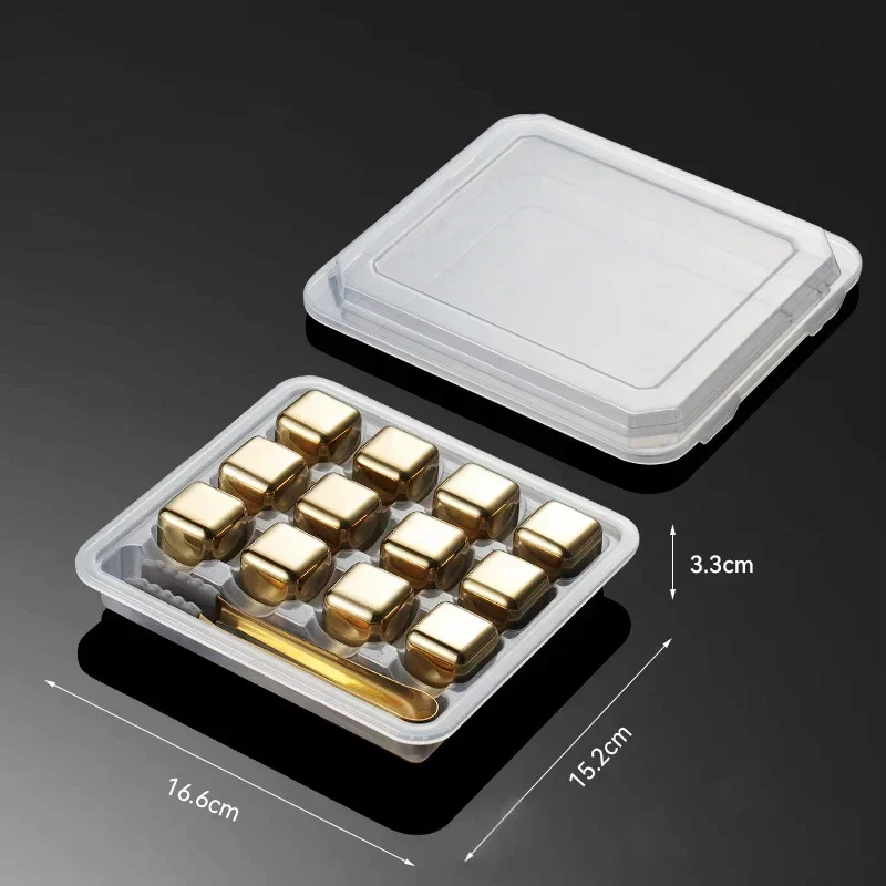 Cubos de Gelo Reutilizáveis de Aço Inoxidável, Congelamento Rápido, Metal de Qualidade Alimentar MDUG (ouro, 12pcs, com Clipe)