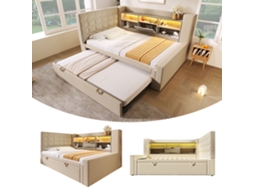 Cama Estofada Bege 90x200 Cm Beliche 90x190 Cm Led Cabeceira Arrumação