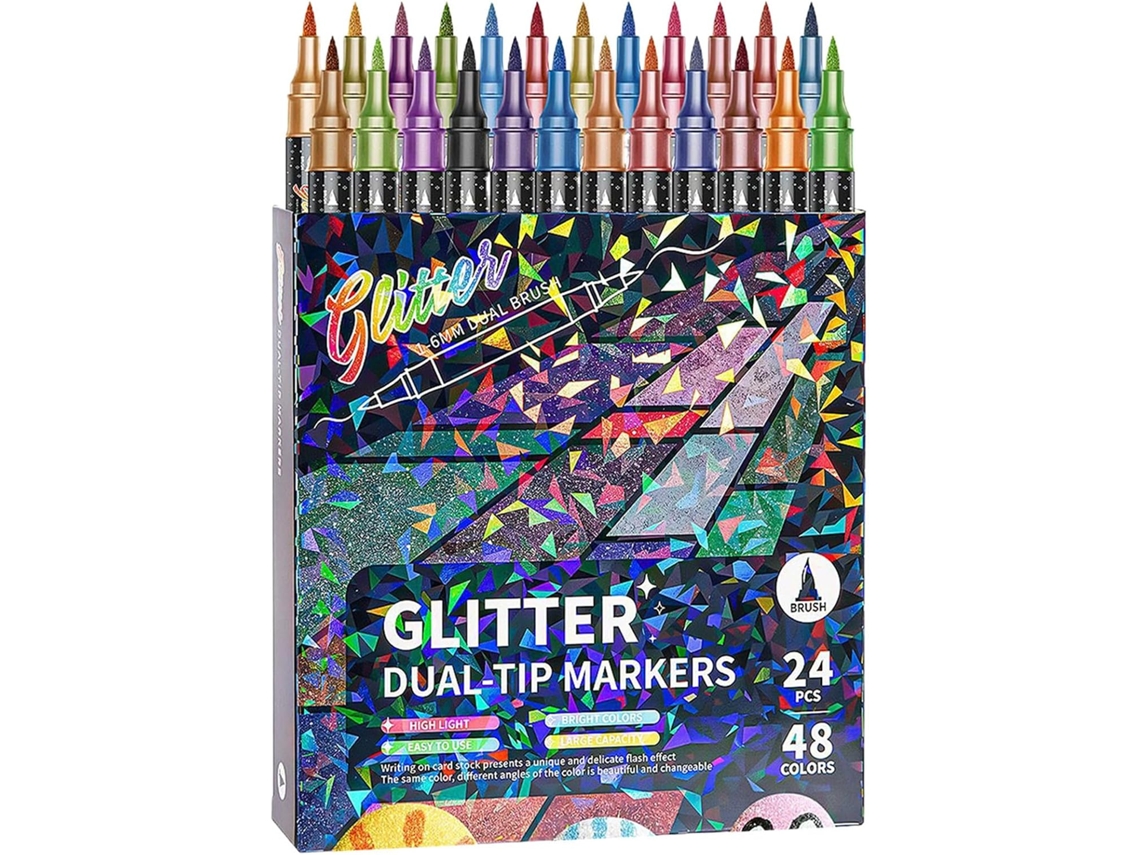 Marcadores Artísticos Com Glitter, Material Escolar, Ponta Dupla