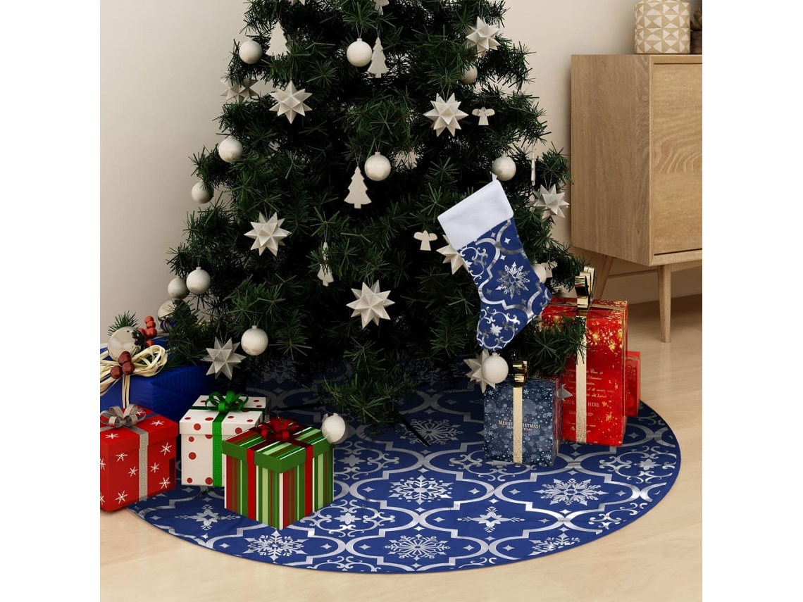 Vidaxl Saia De Árvore De Natal Luxuosa 90 Cm Com Meia Tecido Azul