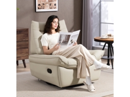 Poltrona Reclinável Relax Em Creme Grosso, Estofado Em Pu, Com Função De Balanço E Giro, Apoio Para Os Pés E Assento Largo Almofadado
