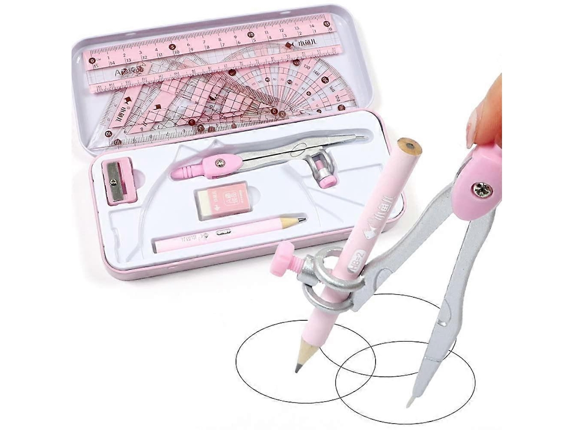 Omni-set De Matemáticas De 8 Piezas, Caja Metálica Duradera, Compás, Reglas, Transportador Y Borrador (rosa)