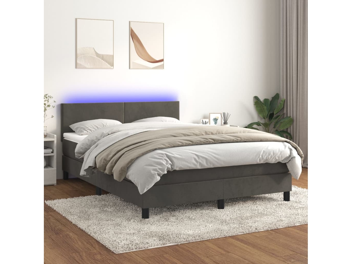 Vidaxl Cama Box Spring C/ Colchão/led 140x200cm Veludo Cinzento-escuro
