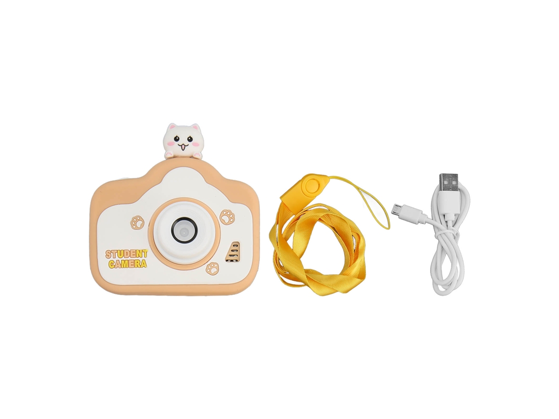 Câmera digital infantil cáqui 40mp HD com duas lentes e cabo de alimentação.