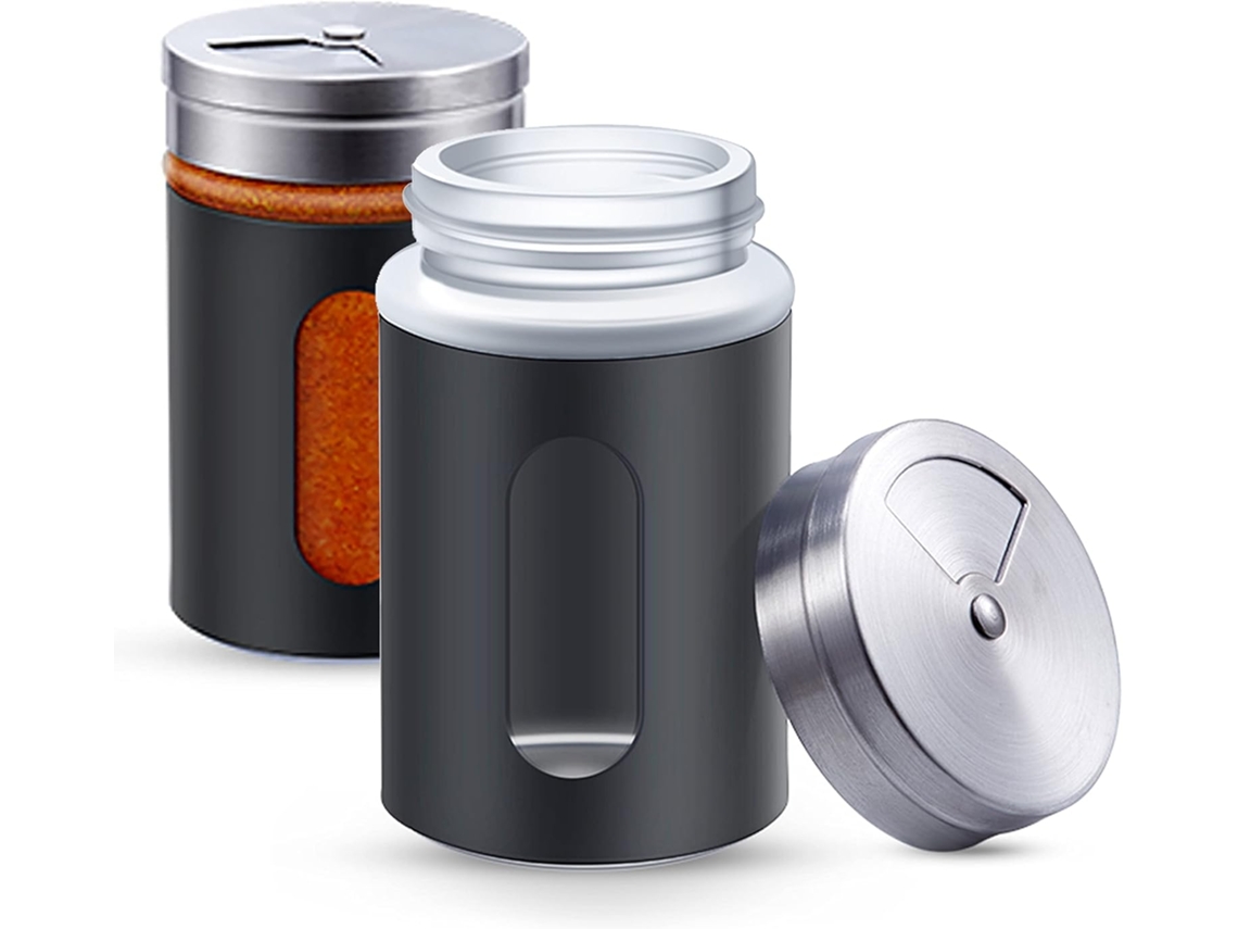 Conjunto Preto Com 2 Potes De Aço Inoxidável Para Especiarias 80 Ml, Com Visor Para Os Potes