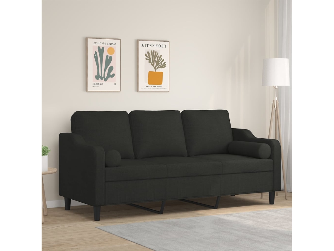 Vidaxl Sofá 3 Lugares + Almofadas Decorativas 180 Cm Tecido Preto