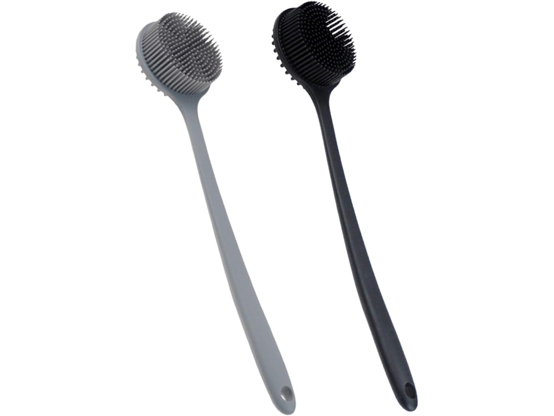 Conjunto De 2 Escovas Silicone Para Banho Com Cabo Longo, Escova Esfoliante Corporal E Acessório Prático Para O Banheiro