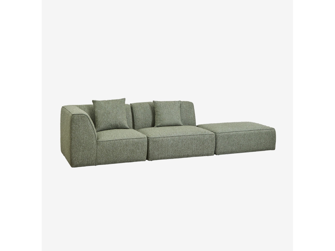 Sklum Sofá Modular De Canto Em 2 Peças Com Puff Estofado Cardea Poliéster                       Bouclé Verde Sálvia