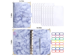 A6 Marble Pattern Loose Leaf Pu Leather Budget Planner With Protective Corner Binder Purple, 12-zipper Pouches Large