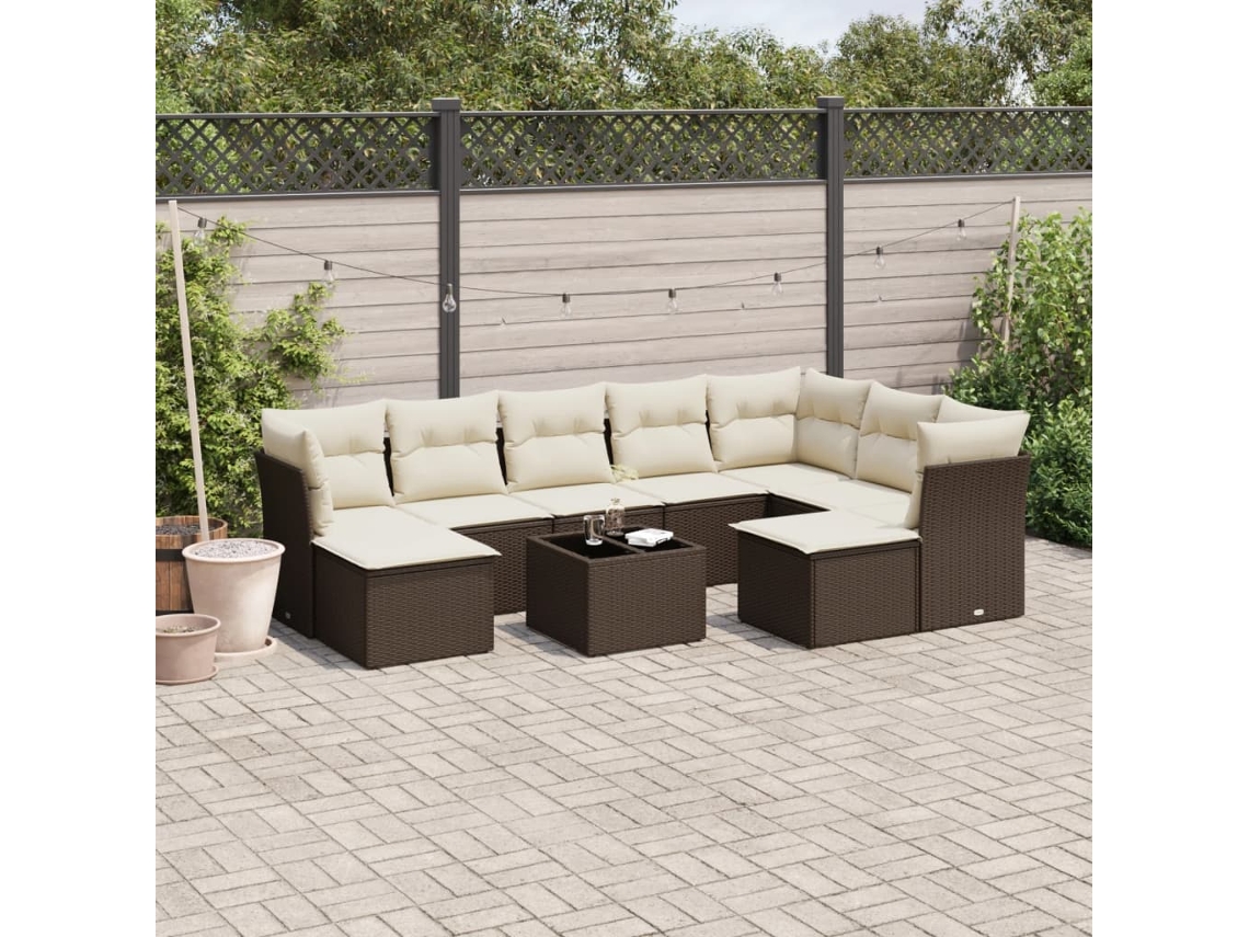 Vidaxl 10 Pcs Conj. Sofás Jardim Com Almofadões Vime Pe Castanho