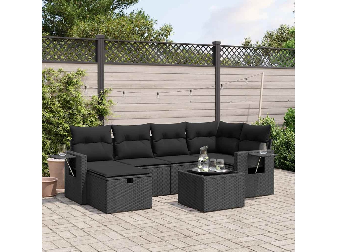 Vidaxl 7 Pcs Conjunto De Sofás P/ Jardim C/ Almofadões Vime Pe Preto