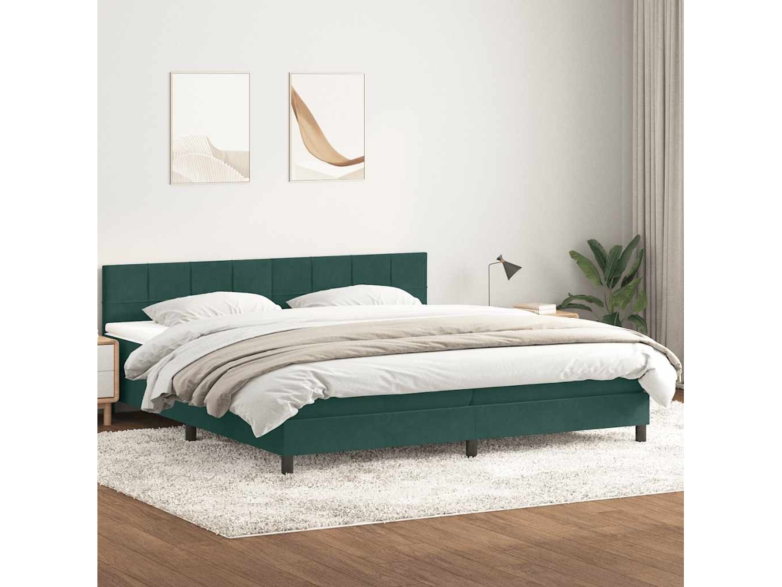 Cama Com Molas/colchão 180x220 Cm Veludo Verde-escuro
