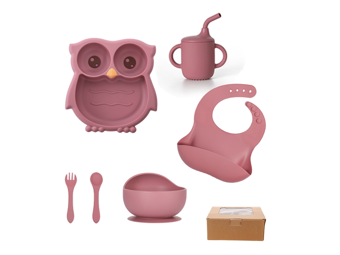 Conjunto de Loiça Infantil em Silicone,formato de Coruja.rosa Escuro. CZHHMART