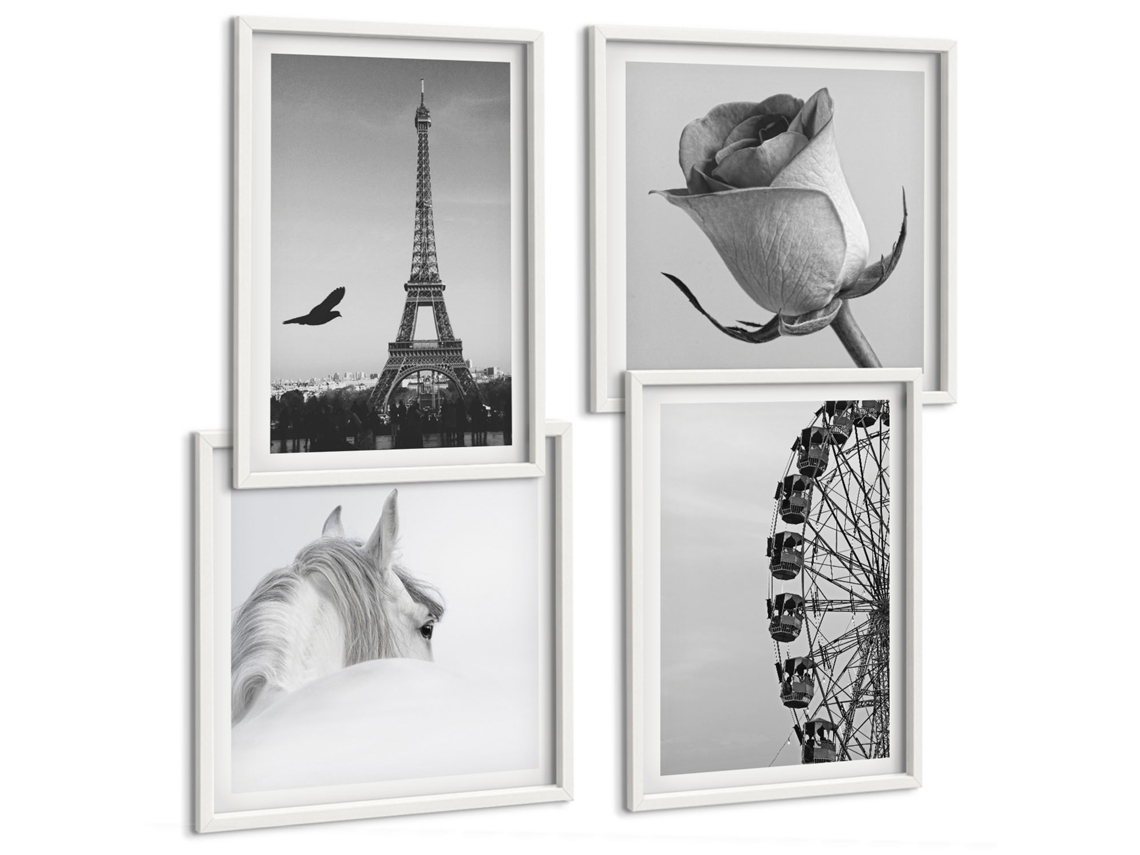 Composição De Quadros Na Parede Rosa, Torre Eiffel, Roda-gigante Moldura Branca Fotos Para O Escritório Espelharte (conjunto De 4 Imagens)