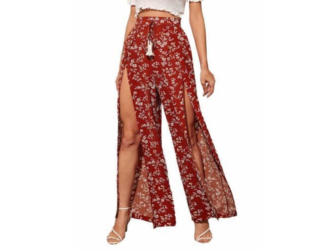 2026-pantalones Largos De Pierna Ancha Con Estampado Floral Ditsy, Split Y Lazada Frontal M Bourgogne