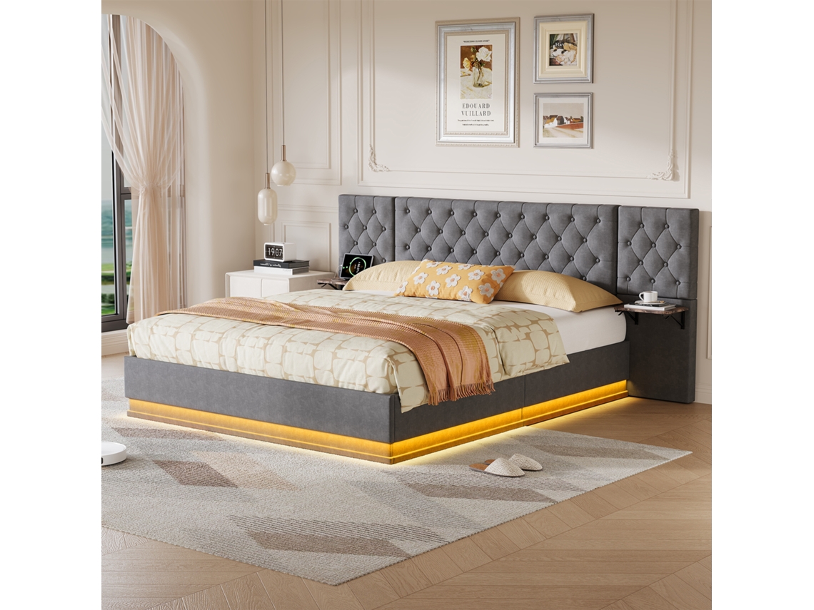 Cama De Casal Estofada, 160 X 200 Cm, Com Led, Porta Usb, Espaço De Arrumação, Cabeceira Larga E Encosto Almofadado. Sem Colchão