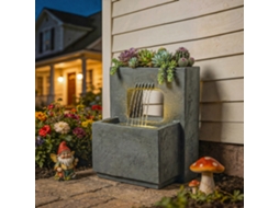 Fonte Decorativa De Jardim Em Dois Níveis Com Luz Led E Vaso De Planta Imitando Pedra, Ajustável, Nas Medidas 45 X 31,5 X 58,5 Cm