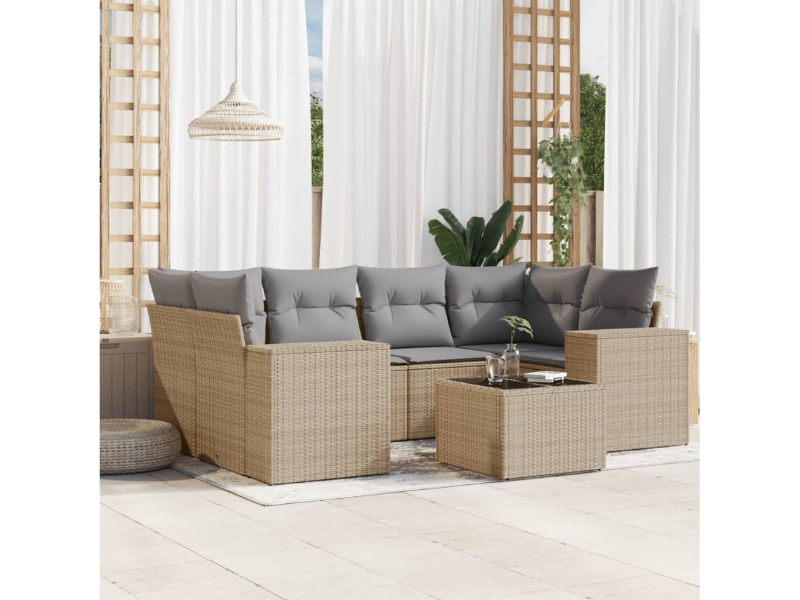 Vidaxl 7 Pcs Conjunto De Sofás P/ Jardim Com Almofadões Vime Pe Bege