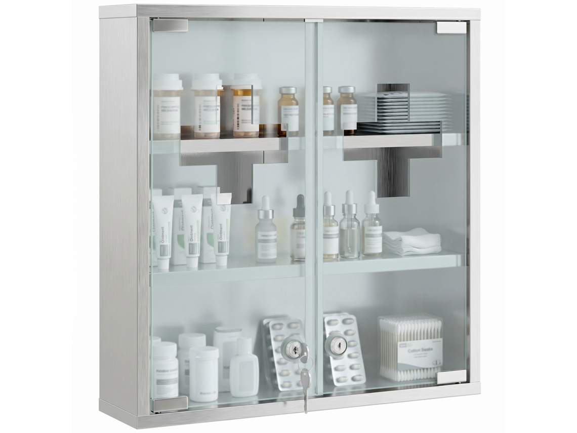 Lockable Medicine Cabinet With Glass Doors. Silver.
