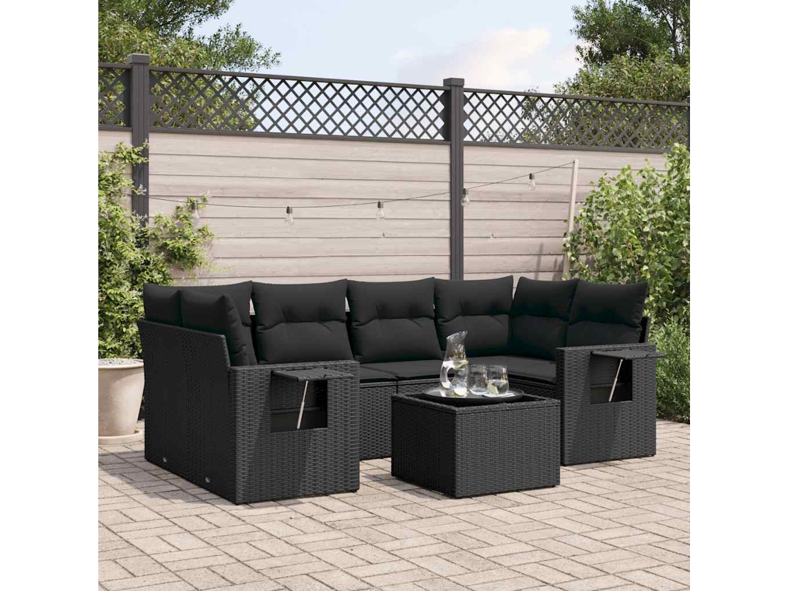 Vidaxl 7 Pcs Conjunto de Sofás P/ Jardim C/ Almofadões Vime Pe Preto