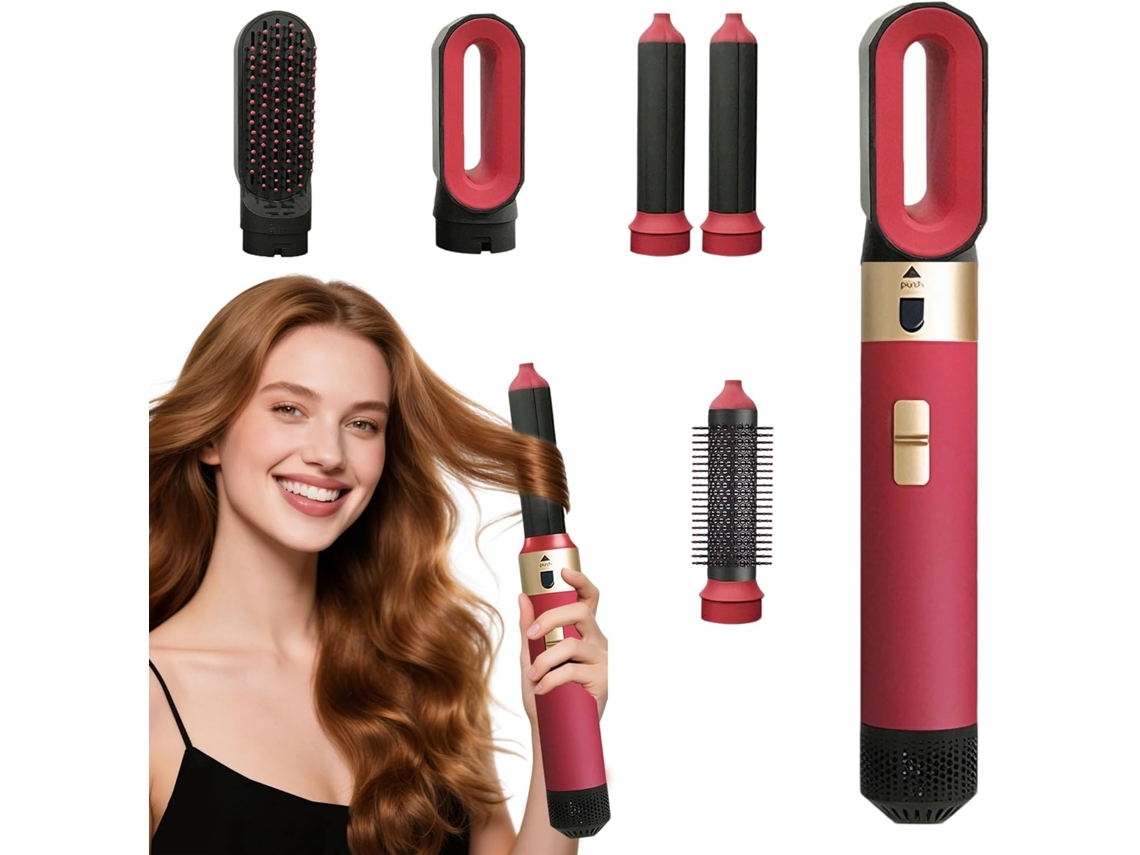 Kit Secador Escova 5 em 1,seca, Enrola e Alisa, com Tecnologia Iónica, 5 Acessórios Vermelho HEXINYIGJLY
