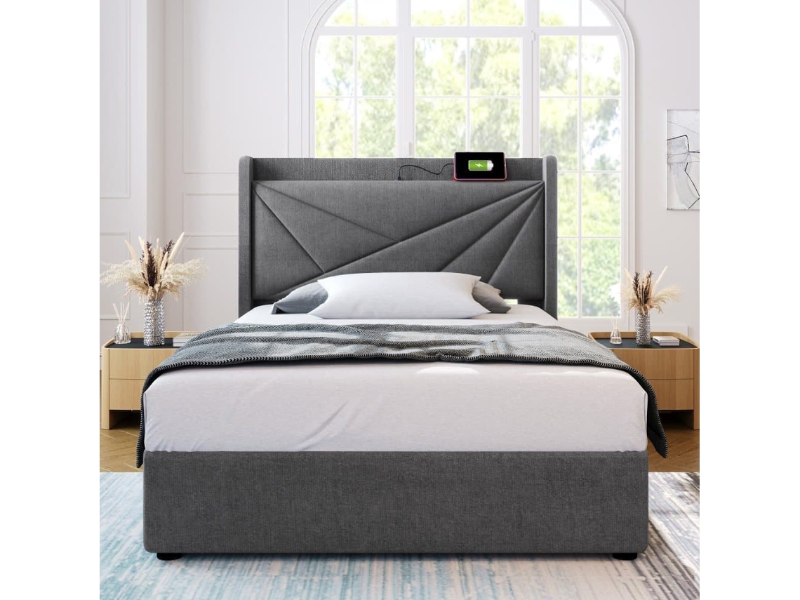 Cama Contentora Em Tecido De Linho 90x200 Cm - Com Porta Usb E Estrado - Cinzento