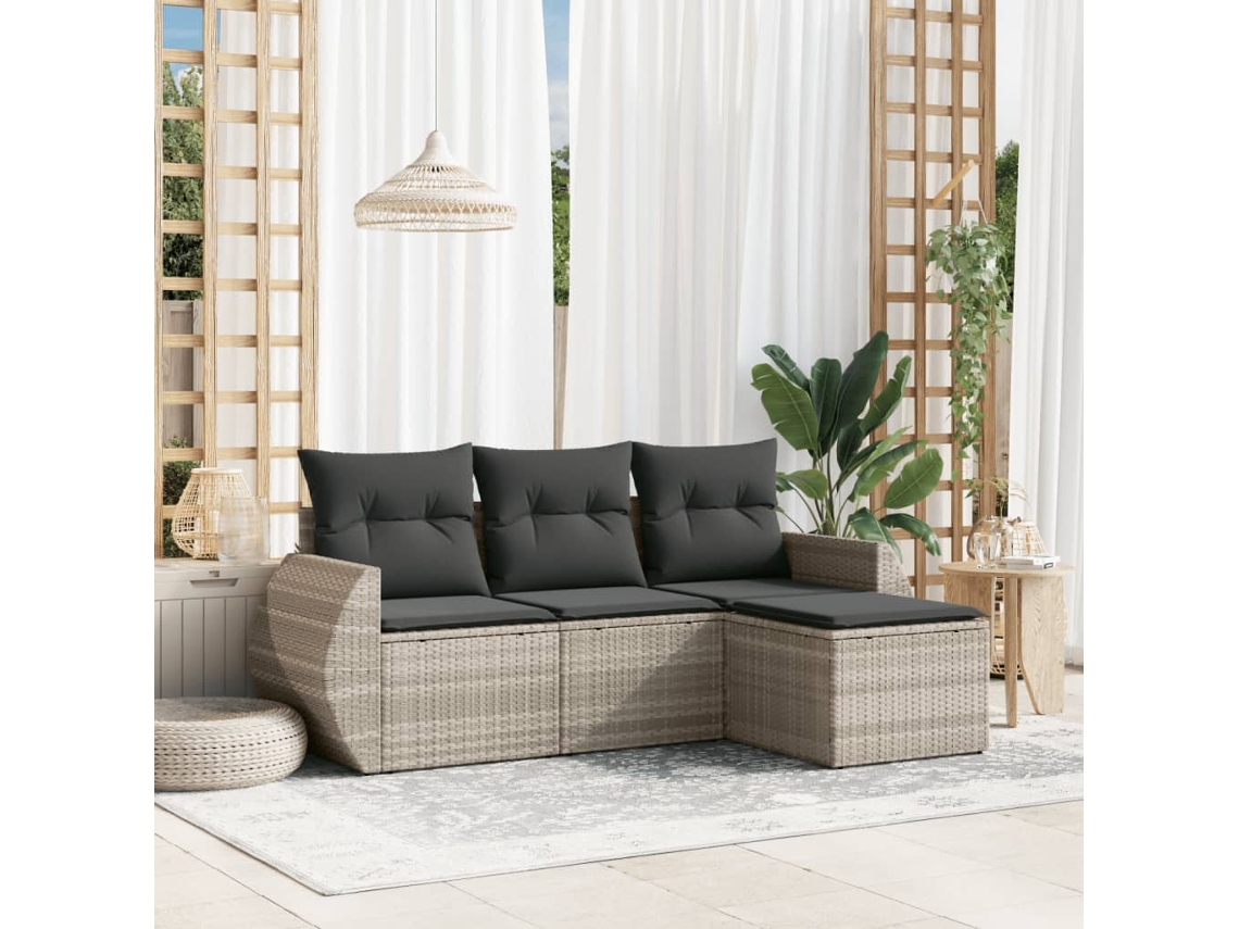 Vidaxl 4 Pcs Conj. Sofás Jardim C/ Almofadões Vime Pe Cinzento claro