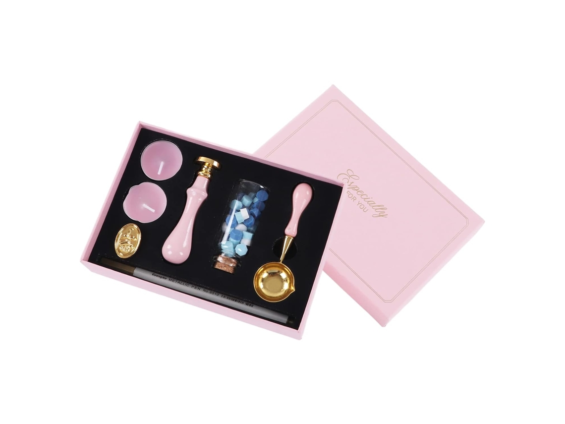 Kit de lacre de cera Rengue com bloco de madeira removível, cabeçote de lacre metálico e lata com acabamento em laca.