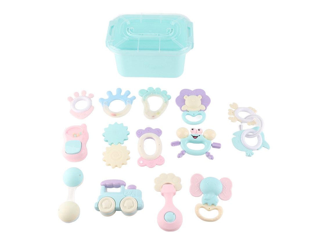 Mali brinquedo de Mordida para Bebê Plástico Fervível com Chocalho 0 1 Ano 14pcs com Caixa de Armazenamento