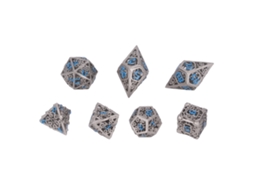 Conjunto Mali de 7 dados poliédricos de latão com números azuis para jogos de RPG e tabuleiro.