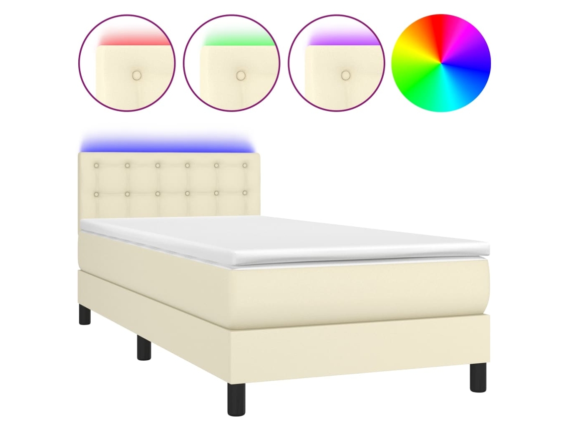 Cama Box Spring com Colchão e Led Couro Artificial Creme MAISON EXCLUSIVE (100x200 cm)