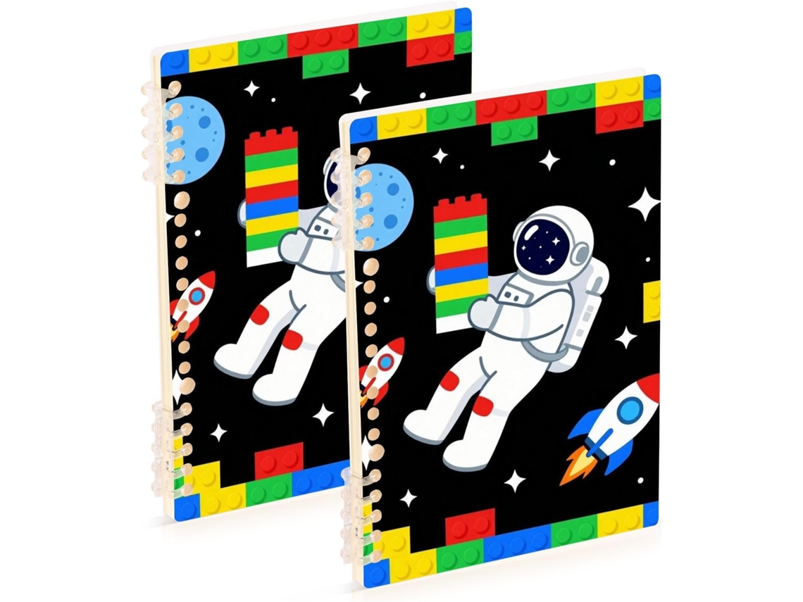 Conjunto de 2 Cadernos Espiral A5 com Capa Dura, Ilustração um Astronauta Brincando Blocos Montar, 21,1 X 14,5