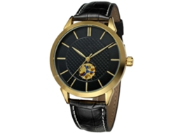 Relógio analógico automático masculino Forsining com pulseira de couro PU (preto e dourado)