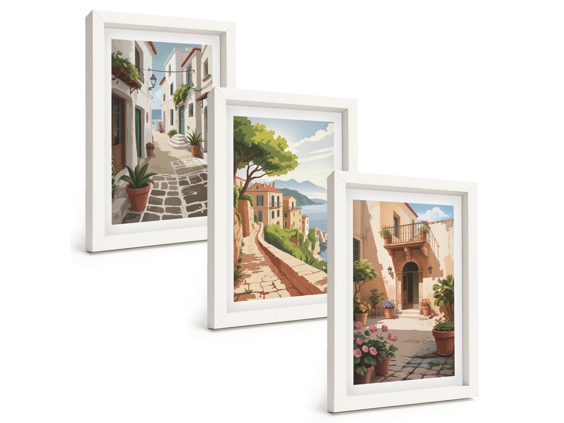 Composição De Quadros Ruas, Casas, Plantas, Vasos Espelharte (3 Peças 20x30 Cm)