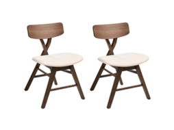 Conjunto De 2 Cadeiras De Refeição Com Assento Almofadado Beliani Leland De Madeira De Seringueira Castanho/branco Creme 52x57x78
