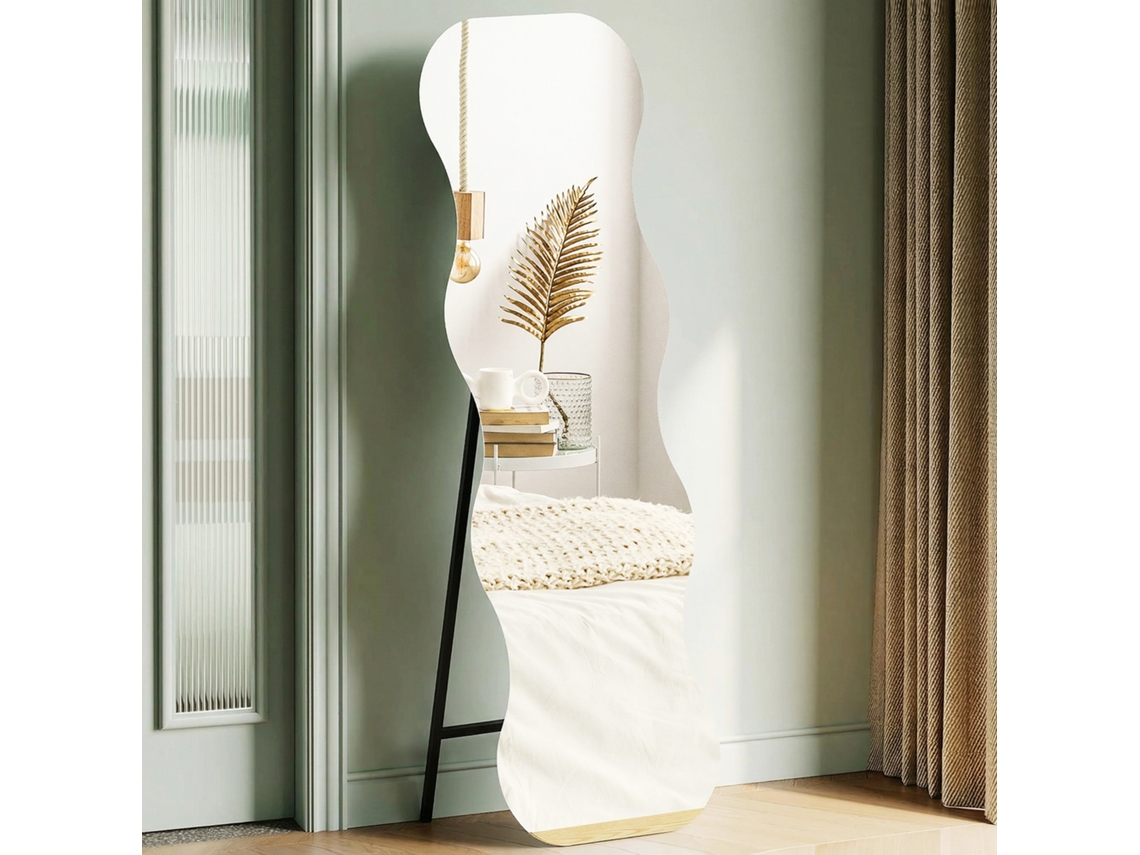 Full-length Mirror Without Frame, Wooden Base, Flexible Placement, Wave Shape, Black