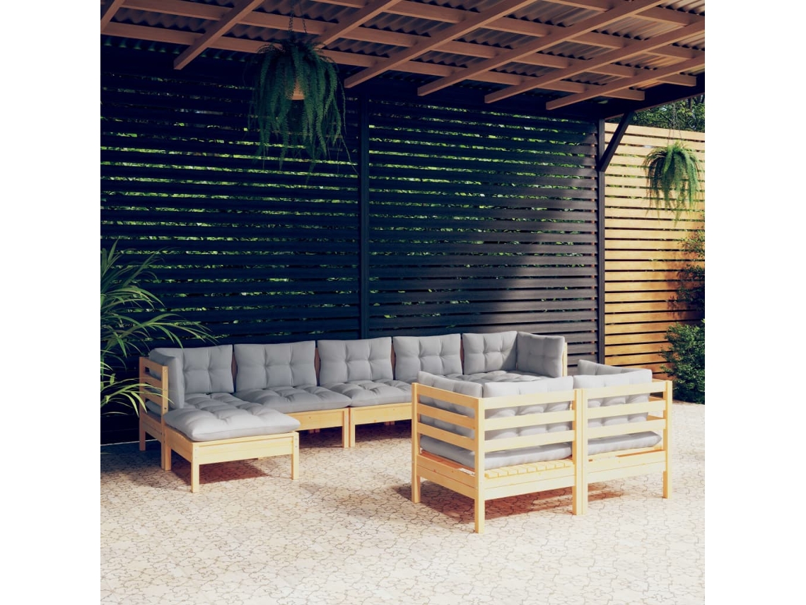 Vidaxl 9 Pcs Conjunto Lounge De Jardim + Almofadões Cinza Pinho Maciço