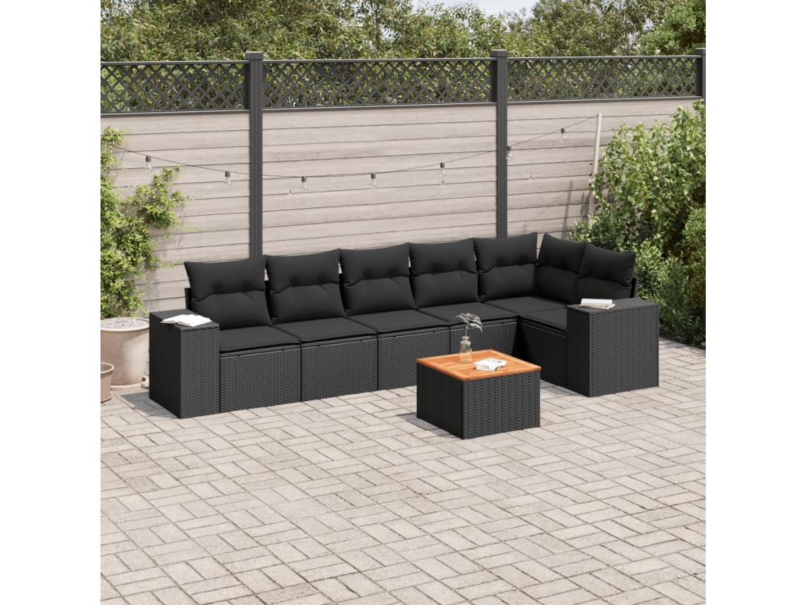 Jogo de Sofá 7 Peças P/ Jardim C/ Almofadões Vime Pe Preto Dkd Home Decor
