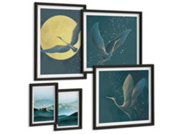 Conjunto De Pinturas Paisagens Pássaros Noite Céu Espelharte (5 Peças)
