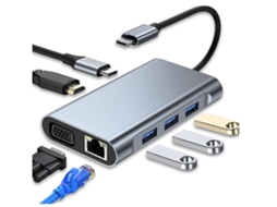 Hub Usb C Adaptador Usb C Multiporta 7 em 1 com 4K Hdmi Vga Usb 3.0 100 W Pd e Rj45 Ethernet Sliver