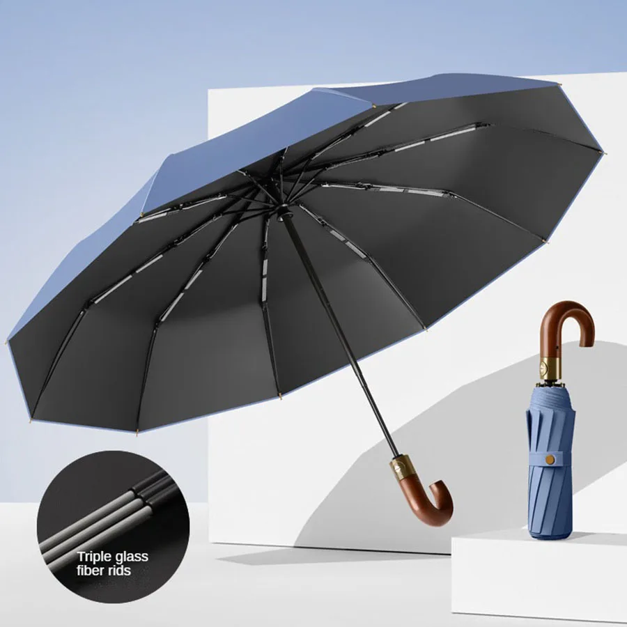 (azul Escuro, 10k) Guarda-chuva Dobrável Casual À Prova De Vento E Com Proteção Uv, Upf50+, Design De Cabo Curvo, Elegante E Compacto.