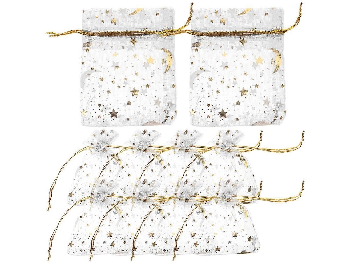 50 Sacos De Presente Com Cordão, Em Tule, Estampados Com Lua E Estrelas, Ideais Para Joias E Doces