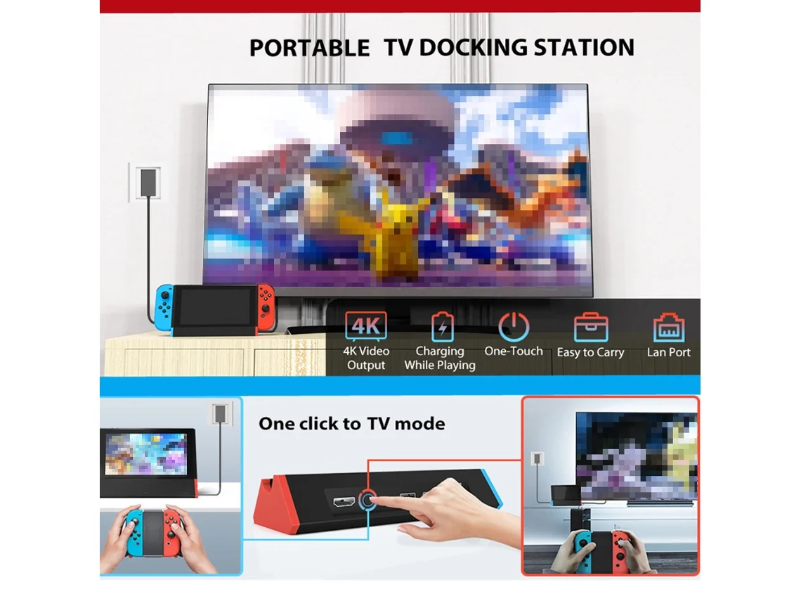 Soporte portátil para TV compatible con Nintendo Switch OLED HDMI 4K USB carga